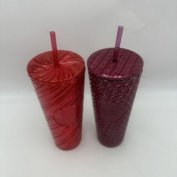 NEW Starbucks Lot Of 2 2024 Magenta, Red Swirl Stripe Venti Tumbler 24oz New - Picture 3 of 5